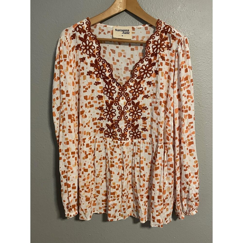 Savanna Jane Tunic Top Women 1X Orange Geometric Floral Embroidered Boho Peasant